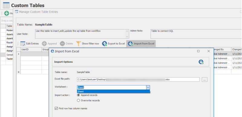 Import custom table entries
