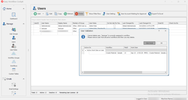 User Validation for Delete User