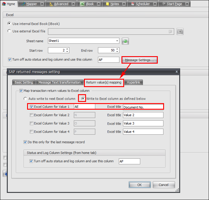 SAP returned message settings